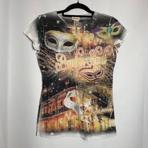 Y2K Bourbon St New Orleans Graphic Tee Mardi Gras Mask Tee Allover Print NOLO